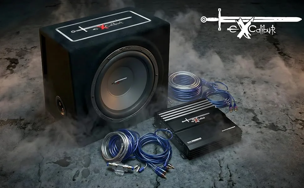 Car audio system setup featuring black subwoofer box, amplifier, and blue connection cables arranged on textured surface with smoke effects.
