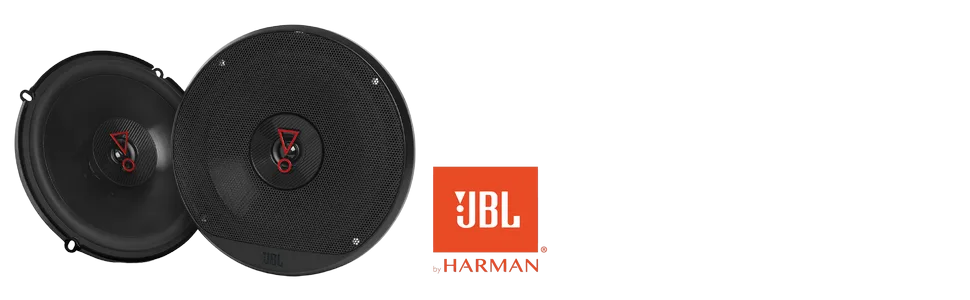 JBL logo in orange with two black circular car speakers against grey background.