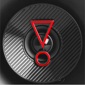 Close-up black and white images of circular grilled surface with diagonal lines and red V-shaped indicators overlaid on the surface.