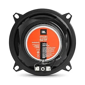 Text reads 'JBL STAGE 527F'. Multiple angles of black oval-shaped car speakers with orange center cones and mounting brackets.