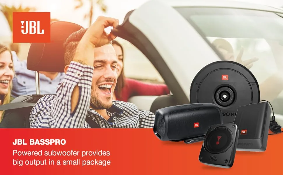 Text reads 'JBL BASSPRO' and 'Powered subwoofer provides big output in a small package'. Advertisement showing JBL car audio speakers and subwoofer components with lifestyle car interior image.