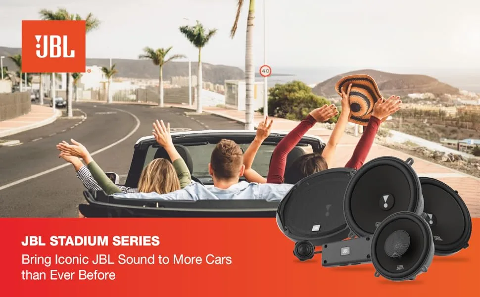 Text reads 'JBL STADIUM SERIES' and 'Bring iconic JBL sound to More Cars than Ever Before'. Marketing banner showing car audio speakers and automotive installation scenes.