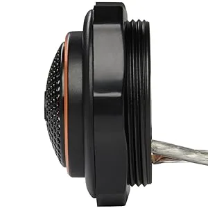 Close-up product photos of a black circular device component with copper/bronze accent ring. Multiple angles show threading and internal structure.