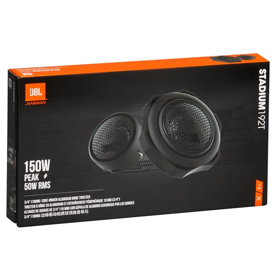 Text reads 'JBL' and '150W'. Black retail product packaging for audio equipment shown from multiple angles with orange accent stripe.