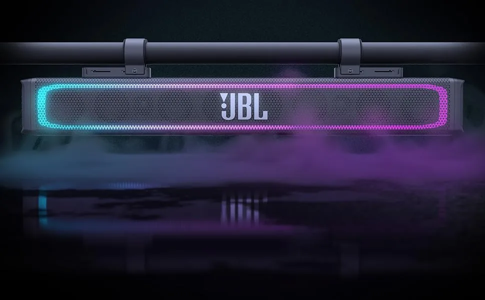 Text reads 'JBL'. LED light bar with purple and blue gradient illumination effect shown in dark setting.