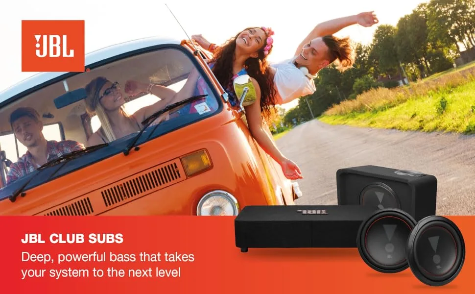 Text reads: 'JBL CLUB SUBS' and 'Deep powerful bass that takes your system to the next level.' Shows orange van with speakers against sunset background.