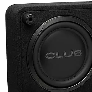 Text reads 'CLUB' on black speaker subwoofer unit. Close-up view of circular speaker cone in textured black housing.