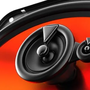 Close-up product shots of black audio or electronic equipment components against vibrant red background, showing curved design elements.