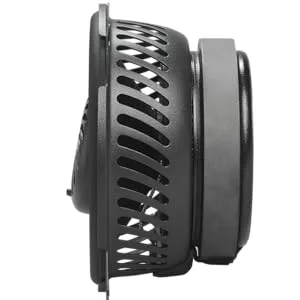 Multiple angles of a black circular device with ventilation slots and adjustable components, showing different perspectives of what appears to be camera or lighting equipment.