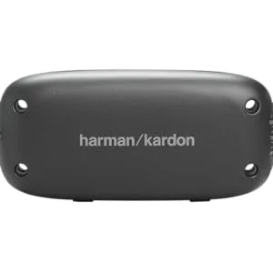 Text reads 'harman/kardon'. Multiple views of a black audio device or speaker with rounded edges and connection ports.