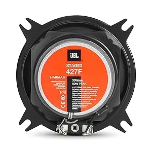 De tekst luidt 'JBL STAGE4 427F'. Autospeaker met oranje middenconus en zwart buitenframe, met technische specificaties.