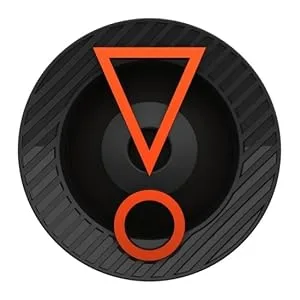 Minimalistisch rond logo-ontwerp met omgekeerde driehoek- en cirkelsymbolen in oranje tegen een zwarte gestructureerde achtergrond.