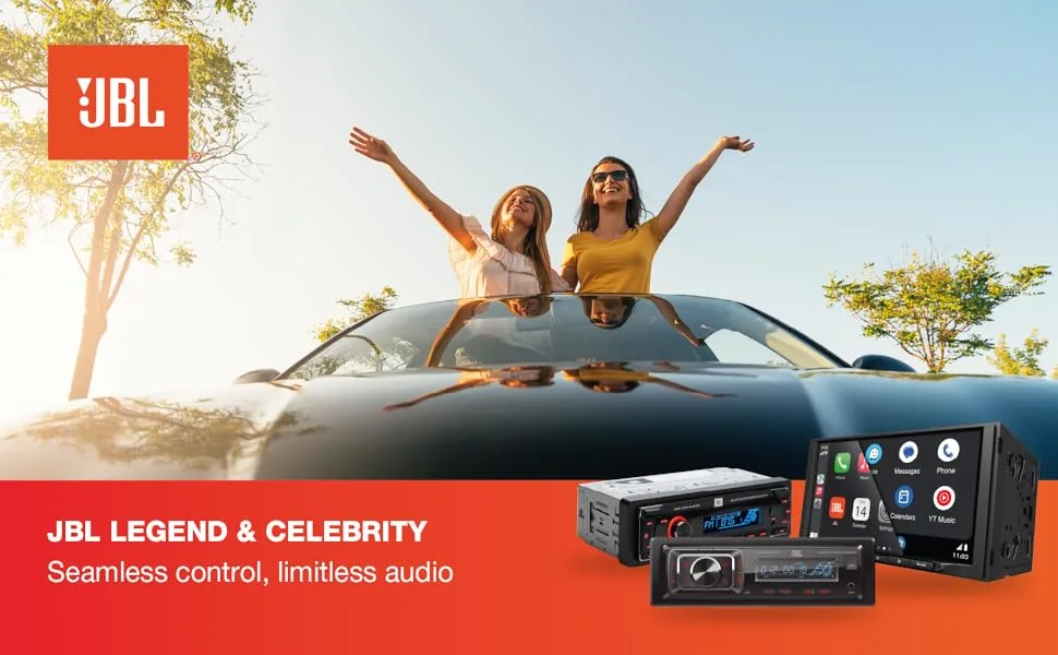 De tekst luidt 'JBL LEGEND & CELEBRITY' en 'Naadloze bediening, onbegrensde audio'. Marketingbanner met buitenscènes met audioapparatuur.
