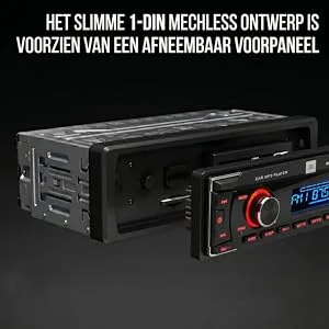 De tekst luidt 'HET SLIMME 1-DIN MECHLESS ONTWERP IS VOORZIEN VAN EEN AFNEEMBAAR VOORPANEEL'. Zwarte autostereo-ontvanger met afneembaar voorpaneel met rode accenten, digitaal display en bedieningsknop. Eén DIN-audiosysteem in het dashboard.