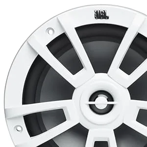 Technisch schema met ronde ontwerpen van luidsprekers of audiocomponenten in wit, met de interne structuur met spaakpatroon en centraal bevestigingspunt.