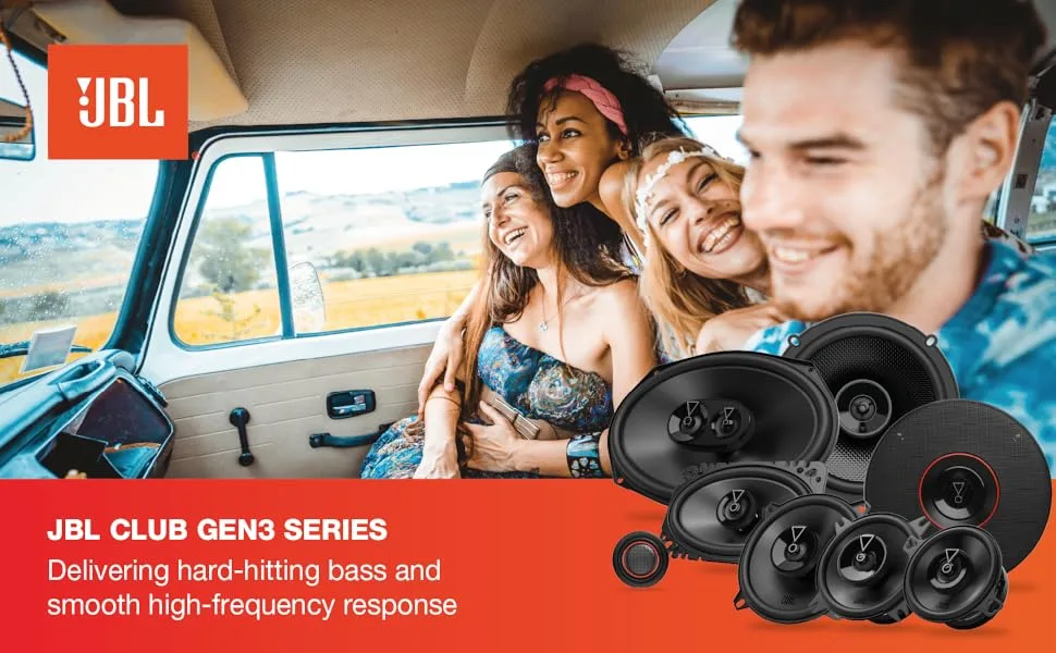 Tekst: 'JBL CLUB SERIES', 'Zorgt voor keiharde bassen en soepele hoogfrequente respons', 'Fluid Conversation'. Auto-luidsprekers weergegeven in meerdere lifestyle-afbeeldingen van mensen die genieten van muziek in voertuigen.