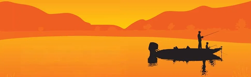 Minimalistische illustratie van gesilhouetteerde figuur in boot tegen oranje en gele zonsonderganghemel met berglandschapsachtergrond.