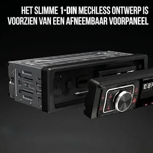 De tekst luidt 'HET SLIMME 1-DIN MECHLESS ONTWERP IS VOORZIEN VAN EEN AFNEEMBAAR VOORPANEEL'. Zwarte autoradio-ontvanger met verwijderbaar voorpaneel, digitaal display en geïntegreerde bedieningselementen in de dashboardconfiguratie.