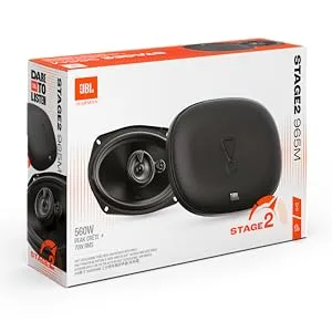 De tekst luidt 'JBL'. Productverpakkingen voor audioapparatuur weergegeven in witte en oranje dozen vanuit verschillende hoeken.
