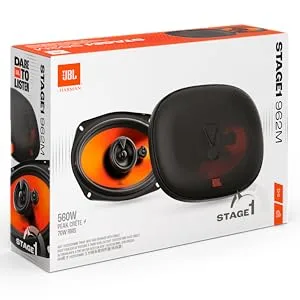 De tekst luidt 'JBL'. Meerdere productdozen en draagbare luidsprekers weergegeven in zwart en oranje kleurenschema, waarop verpakkingen en producten van het merk JBL worden weergegeven.