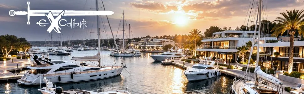 De tekst luidt 'Fox'. Panoramisch uitzicht op luxe jachten en boten afgemeerd in een jachthaven bij zonsondergang, met gouden zonlicht dat weerkaatst op kalm water.