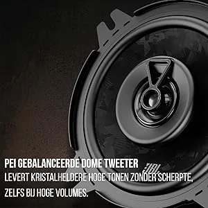 De tekst luidt 'PEI GEBALANCEERDE DOME TWEETER', 'LEVERT KRISTALHELDERE HOGE TONEN ZONDER SCHERPTE', 'ZELFS BIJ HOGE VOLUMES'. Close-up van grijze autoluidsprekerkoepel met centraal spiraalvormig spoelontwerp tegen zwarte achtergrond.