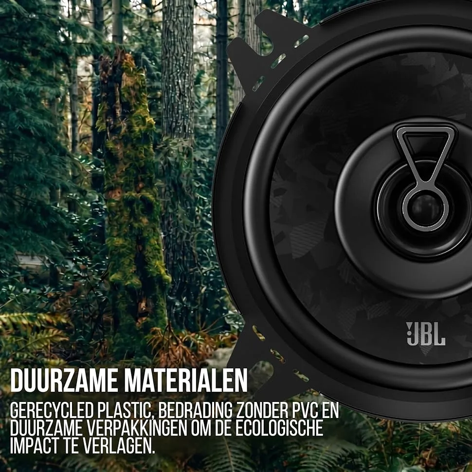 De tekst luidt „DUURZAME MATERIALEN” en „GERECYCLEDE KUNSTSTOF GEMAAKT VAN GERECYCLEDE KUNSTSTOF HEBBEN EEN LAGER MILIEUEFFECT RECYCLEN VAN ECOLOGISCHE IMPACT TE VERLAGEN.” JBL zwarte ronde luidspreker met concentrisch ringontwerp gemonteerd tegen een met klimop bedekte muur.