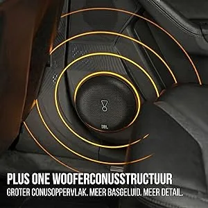 De tekst luidt 'PLUS ONE WOOFERCONSTRUCTUUR' en 'PROTECT GOED SUBWOOFER MEER BASGELUID UEBEETAL'. Concentrische oranje en grijze gebogen lijnen rond de donkere centrale luidsprekercomponent in de opstelling van technische apparatuur.