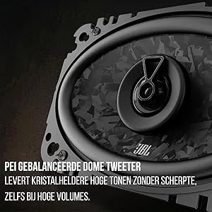 De tekst luidt „P6 GEBALANCEERDE DOME TWEETER”. HELDERE KRISTALHELDERE HOGE TONEN ZONDER SCHERPTE. ZELFS BIJ HOGE VOLUMES. ' Close-up van de luidsprekercomponent van de dome tweeter met spiraalvormig detail op zwarte achtergrond.