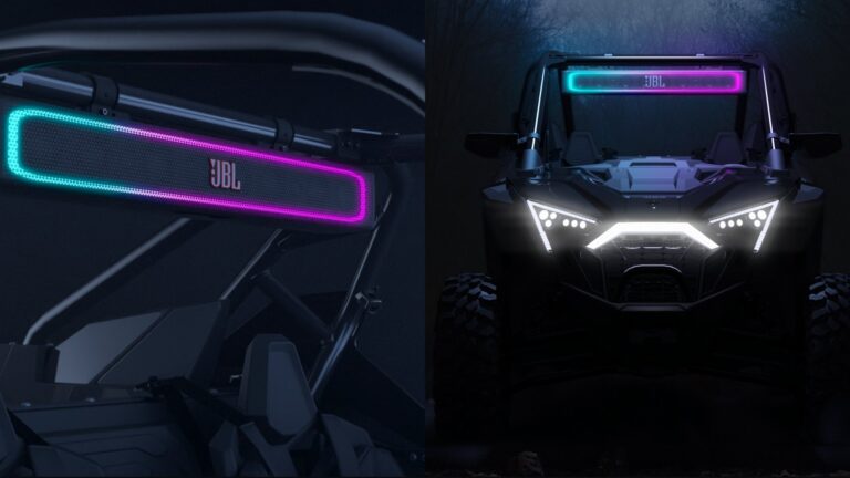 JBL RallyBar met LED verlichting op een buggy. outdoor bluetooth speaker