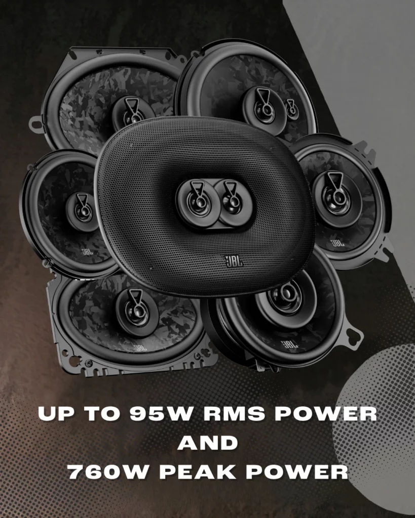 JBL car audio met JBL Stage 3 Gen2 autospeakers, met tot 95W RMS vermogen en 760W piekvermogen voor krachtige prestaties in de auto.