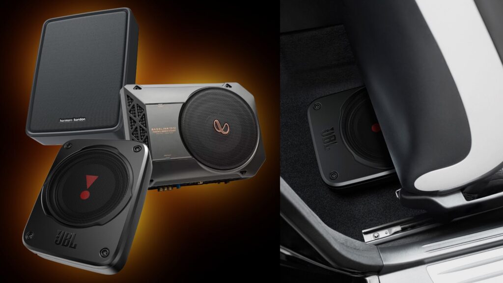 underseat subwoofer in auto-interieur. onder autostoel